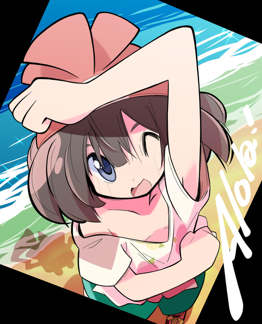 ;d aqua_shorts arm_up beach beanie black_hair blue_eyes breasts cleavage collarbone downblouse female floral_print from_above hair_between_eyes hat highres one_eye_closed pokemon pokemon_sm print_shirt rascal_(feuille) red_hat rotom rotom_dex sand selene_(pokemon) shirt short_hair short_sleeves shorts small_breasts smile solo water white_shirt