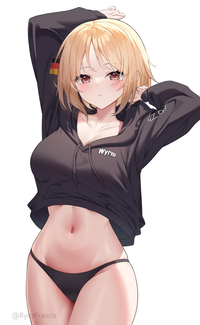 absurdres arms_up artist_name black_hoodie black_panties blonde_hair blush breasts brown_eyes collarbone commentary commission cowboy_shot english_commentary eyelashes eyes_visible_through_hair female girls'_frontline highres hood hoodie long_sleeves midriff mp40_(girls'_frontline) navel no_pants panties parted_lips rynzfrancis short_hair simple_background solo stomach underwear white_background