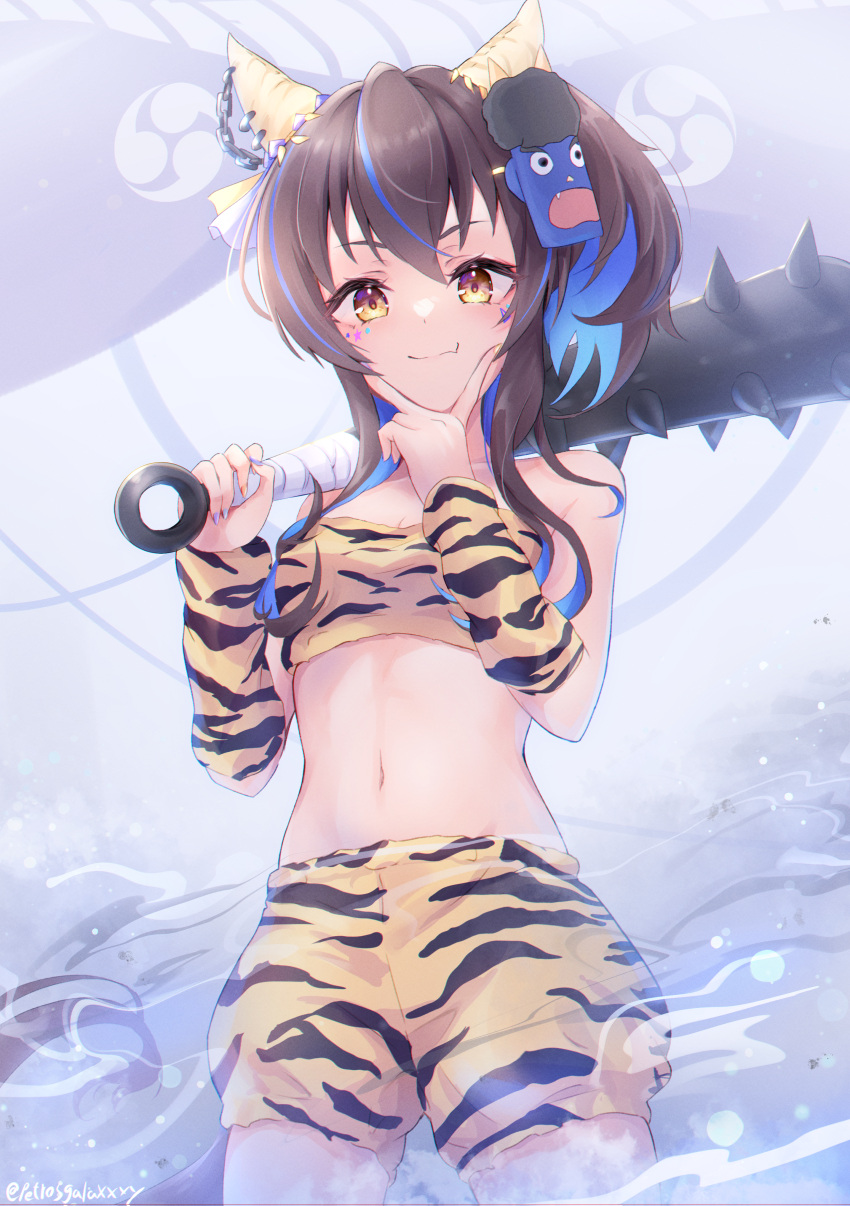 absurdres animal_ears animal_print bare_shoulders blue_hair blush breasts brown_hair closed_mouth colored_inner_hair commentary_request cosplay cowboy_shot daitaku_helios_(umamusume) ear_covers ear_piercing facial_tattoo female hair_between_eyes highres holding holding_weapon horse_ears horse_girl looking_at_viewer mask medium_breasts medium_hair midriff multicolored_hair navel oerba_yun_fang oni_mask peteron piercing puffy_shorts sakura_laurel_(oni_laurel)_(umamusume) sakura_laurel_(umamusume) sakura_laurel_(umamusume)_(cosplay) shorts side_ponytail skin_fang smile solo spiked_bat streaked_hair tattoo tiger_print umamusume v weapon yellow_eyes