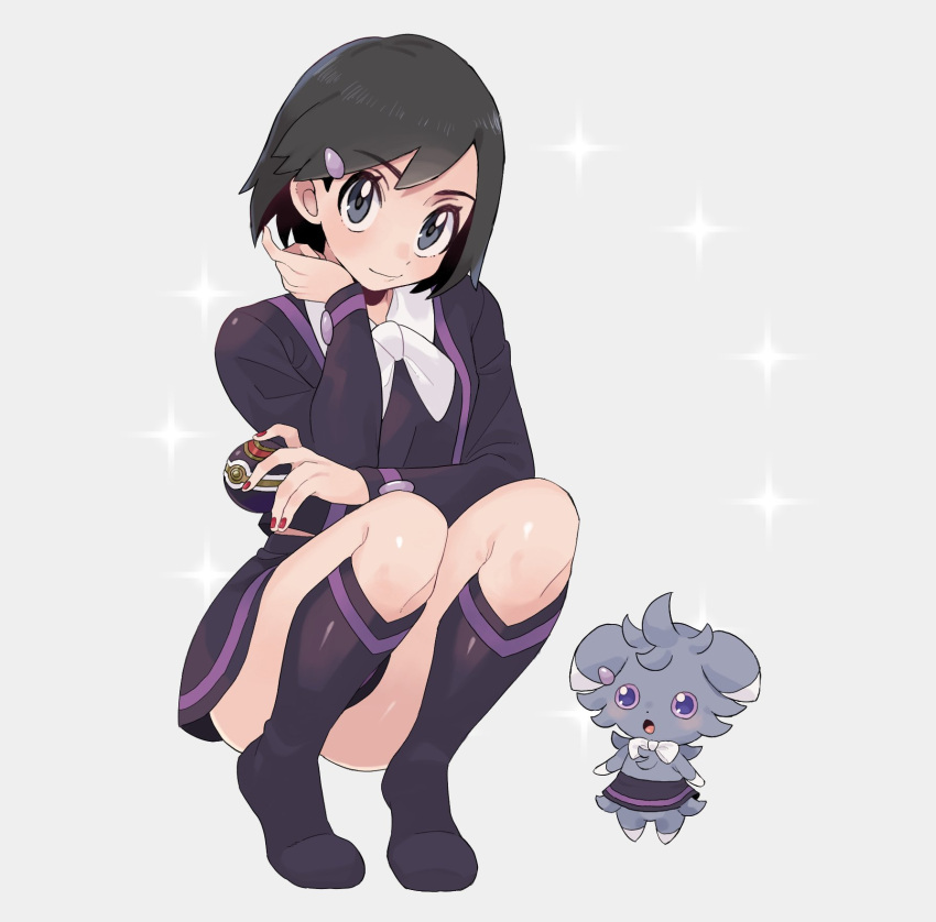 1boy ace_trainer_(pokemon) ace_trainer_(pokemon)_(cosplay) black_hair boots calem_(pokemon) closed_mouth clothed_pokemon commentary_request cosplay crossdressing dress espurr eyelashes grey_eyes hair_ornament hairclip hand_up highres holding holding_poke_ball knee_boots knees long_sleeves looking_at_viewer luxury_ball male_focus nail_polish neck_ribbon poke_ball pokemon pokemon_(creature) pokemon_xy red_nails ribbon sana_(37pisana) shiny_skin short_hair smile sparkle squatting thighs white_ribbon