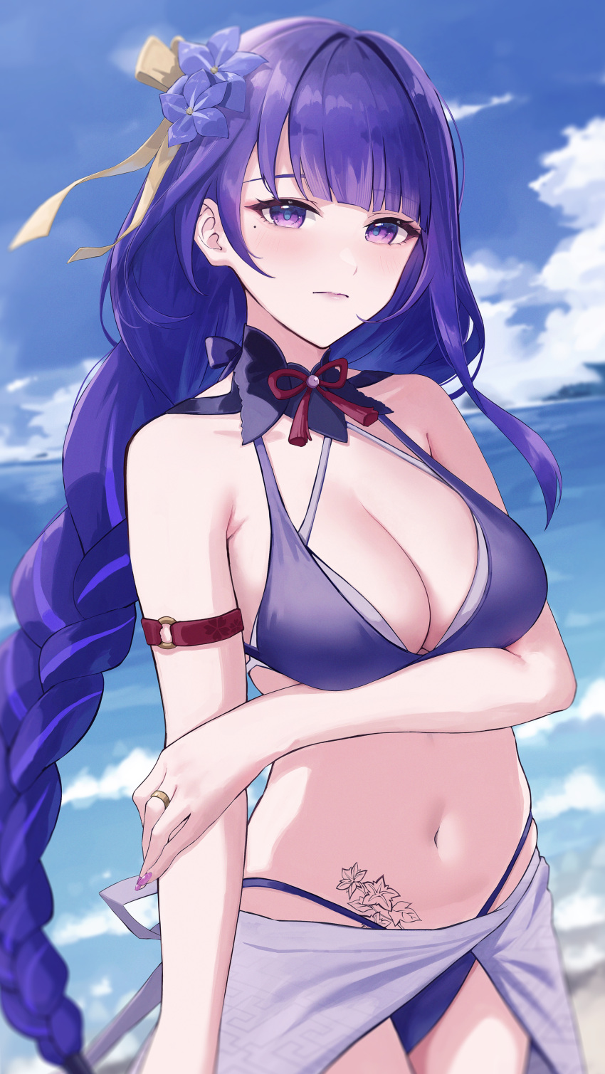 absurdres arm_belt arm_under_breasts armpit_crease beach bikini blue_sky blunt_bangs braid breasts cleavage closed_mouth cloud collarbone cowboy_shot day detached_collar female flower genshin_impact hal_aluha hand_on_own_arm highres horizon jewelry large_breasts layered_bikini long_braid long_hair looking_at_viewer mole mole_under_eye nail_polish navel neck_ribbon parted_bangs pubic_tattoo purple_bikini purple_eyes purple_flower purple_hair purple_nails purple_sarong raiden_shogun ribbon ring sarong sky solo stomach string_bikini swimsuit tattoo