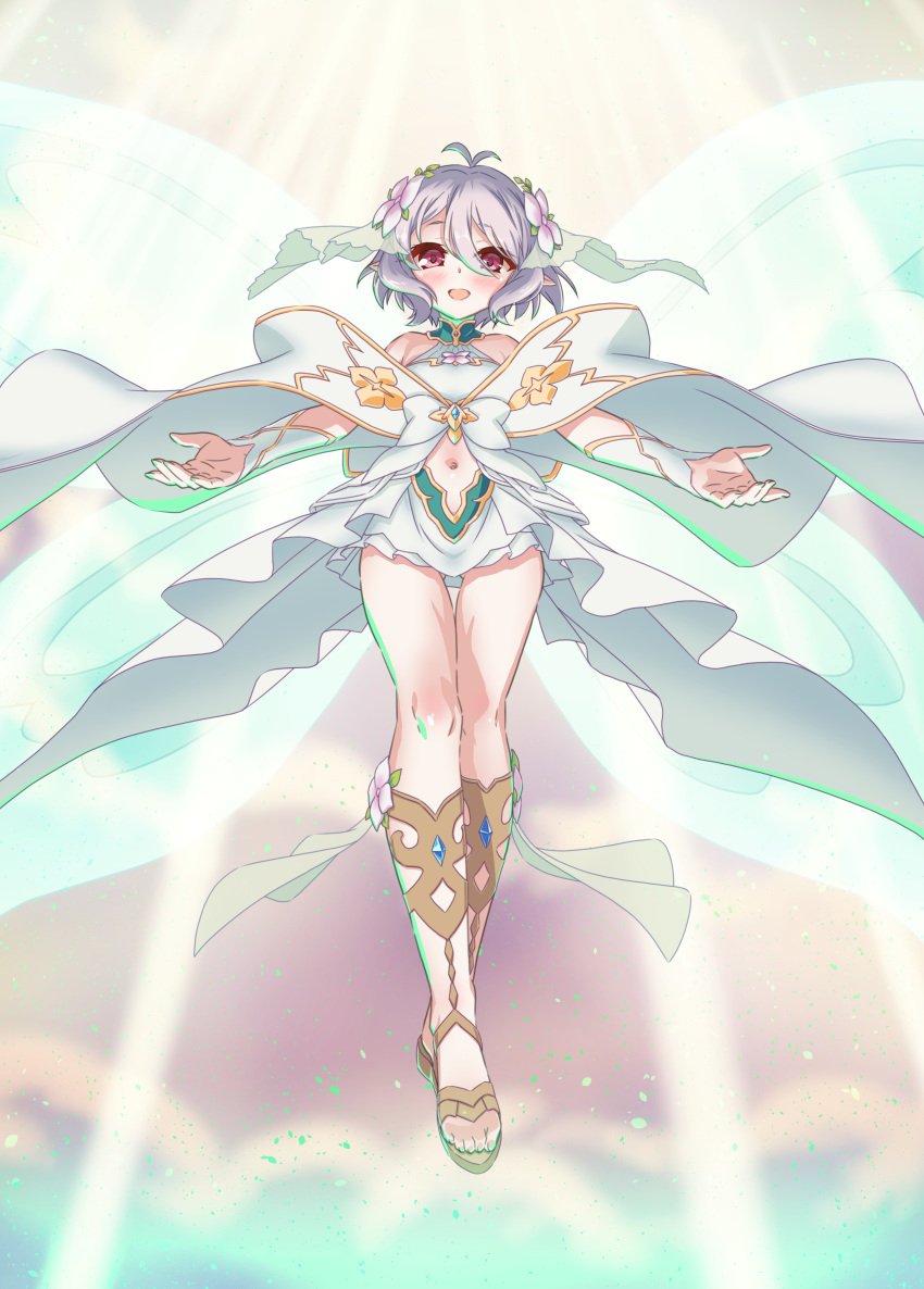 absurdres ass_visible_through_thighs bare_shoulders blush choker dress elf feet female floating flower gold_trim green_choker green_dress hair_flower hair_ornament highres kokkoro_(princess)_(princess_connect!) kokkoro_(princess_connect!) legs_together light_rays looking_at_viewer navel official_alternate_costume open_mouth outstretched_arms pointy_ears princess_connect! red_eyes short_hair spread_arms sunbeam sunlight toes white_flower white_hair zouni_(xavier)