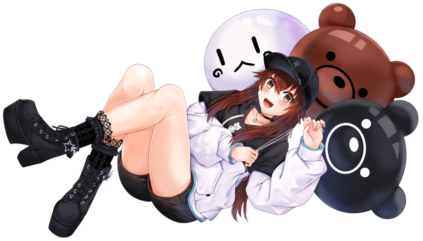 :d absurdres ankimo_(tokino_sora) balloon baseball_cap black_choker black_footwear black_hat black_hoodie black_shorts blush bobby_socks boots brown_hair character_balloon choker commentary cross-laced_footwear dutch_angle english_commentary female fuwanian hair_flaps hat high_heel_boots high_heels highres holding holding_balloon hololive hood hood_down hoodie jewelry lace-up_boots lace_socks long_hair long_sleeves looking_at_viewer necklace nun_nun_(tokino_sora) o-ring o-ring_choker official_alternate_hairstyle open_mouth platform_boots platform_footwear platform_heels short_shorts shorts simple_background smile socks solo star_(symbol) star_necklace tokino_sora tokino_sora_(streetwear) two-tone_hoodie variant_set virtual_youtuber white_background white_hoodie