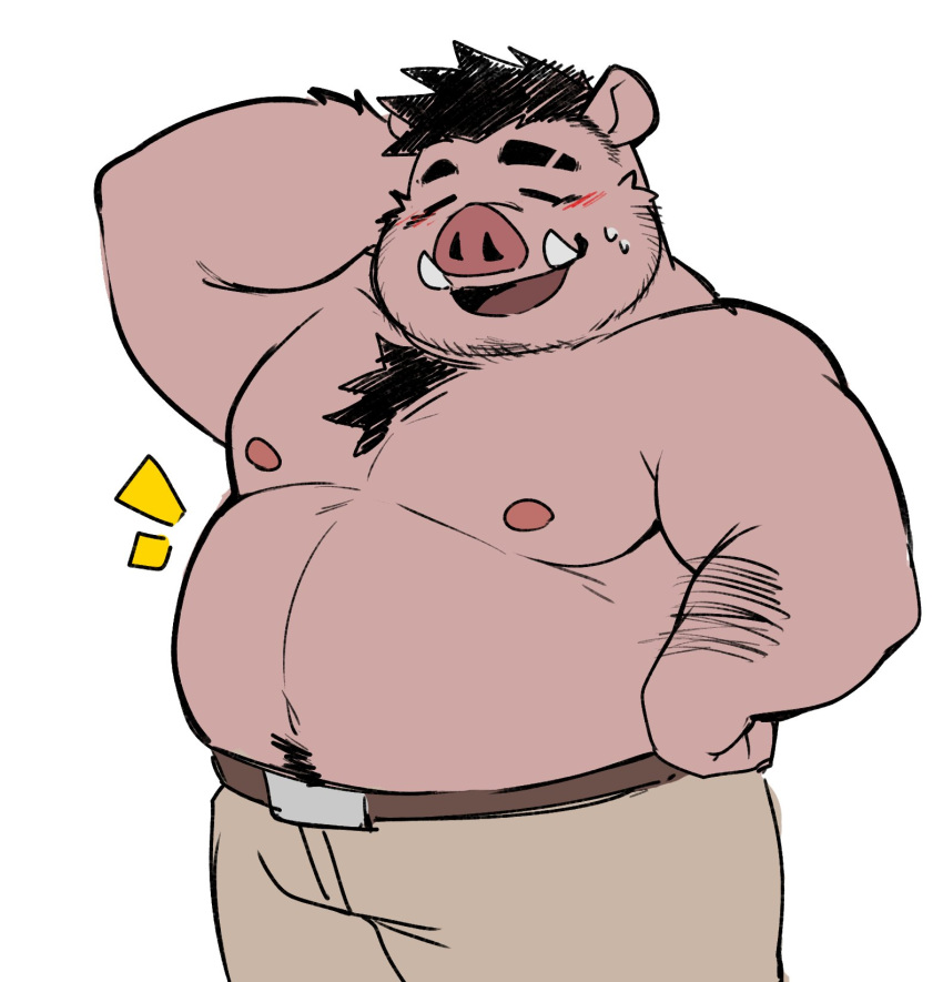 2023 anthro belly big_belly blush bottomwear closed_eyes clothing domestic_pig hi_res kemono male mammal moobs nipples overweight overweight_male pants simple_background solo suid suina sus_(pig) white_background whitebeast20