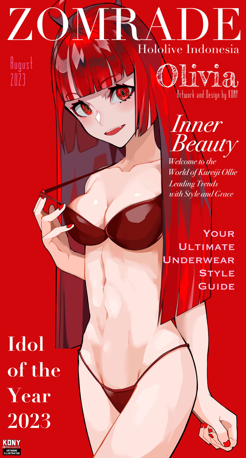 absurdres blunt_bangs blunt_ends bra breasts cleavage cover cowboy_shot english_text fake_magazine_cover female highres hime_cut hololive hololive_indonesia kureiji_ollie long_hair looking_at_viewer magazine_cover medium_breasts nail_polish nkonya oerba_yun_fang olivia_(kureiji_ollie) open_mouth panties red_background red_bra red_eyes red_hair red_nails red_panties red_theme simple_background solo straight_hair strap_pull teeth underwear underwear_only upper_teeth_only virtual_youtuber