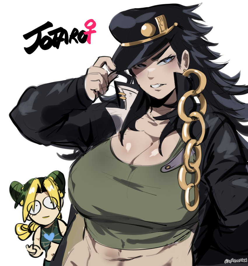 2girls big_breasts black_hair blue_eyes breasts breasts_bigger_than_head cleavage double_bun female female_focus female_only fully_clothed green_hair huge_breasts jojo's_bizarre_adventure jolyne_kujo jotaro_kujo kurenaiz1 large_breasts milf mother_and_daughter multicolored_hair o_o rule_63 stardust_crusaders stone_ocean time_paradox tomboy yellow_hair