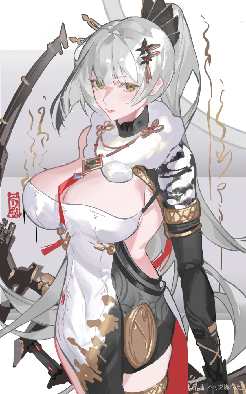 armpit_peek backless_dress backless_outfit bianca:_veritas_(spring_huntress)_(punishing:_gray_raven) bianca_(punishing:_gray_raven) bilibili_logo bilibili_username black_dress bow_(weapon) breasts bukeranshao_laji china_dress chinese_clothes chinese_commentary chinese_knot cleavage commentary_request cowboy_shot dress female fur_collar fur_trim gold_trim green_eyes grey_hair hair_ornament hair_stick hairclip half-shrug highres holding holding_bow_(weapon) holding_weapon jewelry joints large_breasts long_hair looking_at_viewer mechanical_arms necklace official_alternate_costume ponytail punishing:_gray_raven robot_joints solo talisman thighhighs two-sided_dress two-sided_fabric very_long_hair weapon white_dress