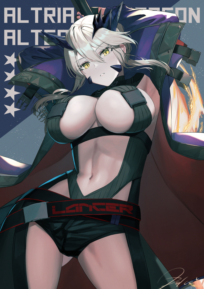 absurdres alternate_costume armpits arms_up artoria_pendragon_(fate) artoria_pendragon_(lancer_alter)_(fate) blonde_hair braid breasts dolce_(dolsuke) fate/grand_order fate_(series) female french_braid hair_between_eyes highres horns lance large_breasts long_hair looking_at_viewer polearm sidelocks solo thighs weapon yellow_eyes