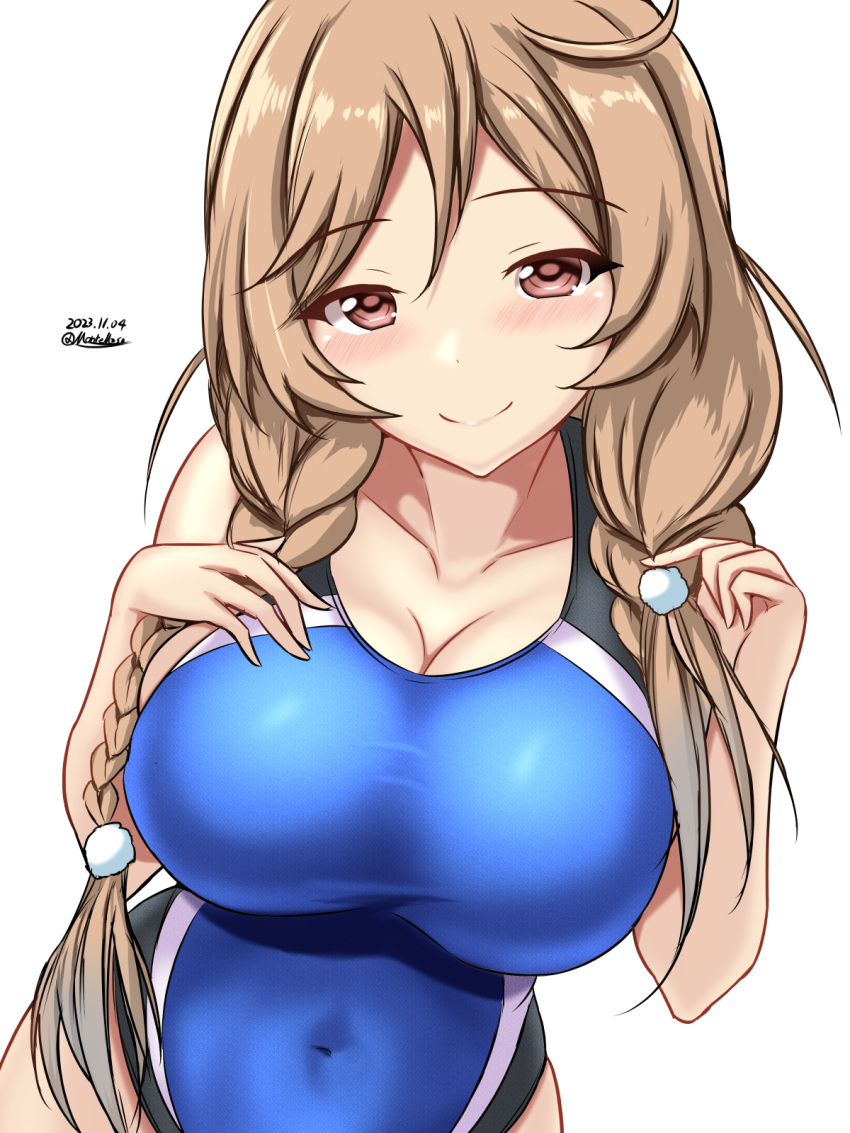 blush braid breasts brown_eyes cleavage collarbone competition_swimsuit covered_navel dated female highres kantai_collection large_breasts light_brown_hair long_hair looking_at_viewer minegumo_(kancolle) montemasa one-hour_drawing_challenge one-piece_swimsuit simple_background solo swimsuit twin_braids twitter_username white_background