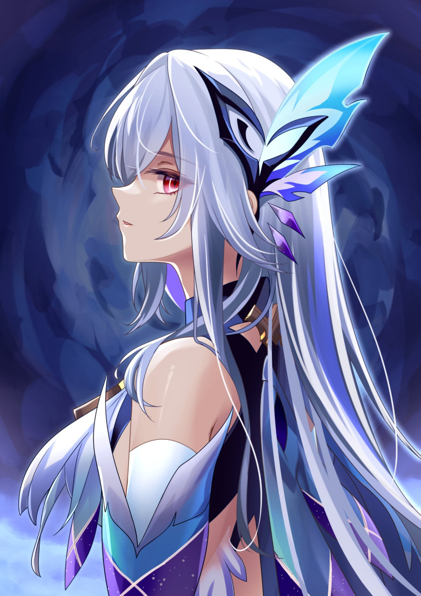 bare_shoulders butterfly_hair_ornament commentary_request detached_sleeves dress female from_side genshin_impact grey_hair hair_between_eyes hair_ornament highres long_hair looking_at_viewer mon-chan open_mouth pink_eyes profile simple_background skirk_(genshin_impact) solo upper_body