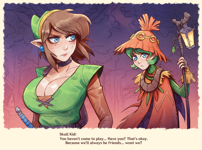 2girls blue_eyes breasts brellom brown_hair earrings freckles green_hair huge_breasts jewelry large_breasts link link_(shounen_captain) long_hair looking_at_viewer multiple_girls pointy_ears rule_63 saria_(zelda) skull_kid the_legend_of_zelda the_legend_of_zelda:_ocarina_of_time