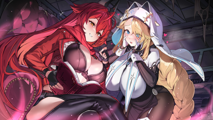 2girls :o absurdres armored_bodysuit blonde_hair blue_eyes blush bodysuit book breasts cleavage clothing_aside goddess_of_victory:_nikke habit hands_on_own_face heart highres horns jacket large_breasts leather leather_jacket leather_pants long_braid long_hair mechanical_arms mechanical_horns mendou_kusai multiple_girls nun open_mouth pants pelvic_curtain pelvic_curtain_aside rapunzel_(nikke) red_eyes red_hair red_hood_(nikke) red_scarf scarf sitting smile very_long_hair