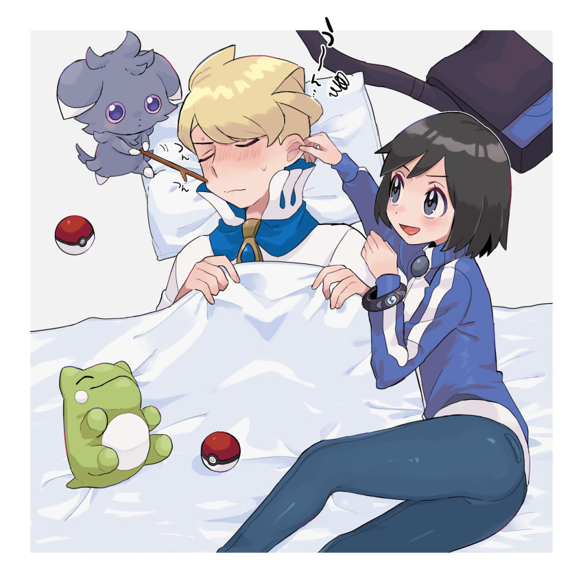 2boys :d bag black_hair blonde_hair blue_jacket blush border bracelet calem_(pokemon) closed_eyes closed_mouth commentary_request ear_tug espurr eyelashes from_above grey_eyes hands_up high_collar highres jacket jewelry male_focus multiple_boys open_mouth pants poke_ball poke_ball_(basic) pokemon pokemon_(creature) pokemon_xy poking sana_(37pisana) shirt short_hair siebold_(pokemon) smile squiggle stick substitute_(pokemon) sweat tongue under_covers unworn_bag white_border white_shirt