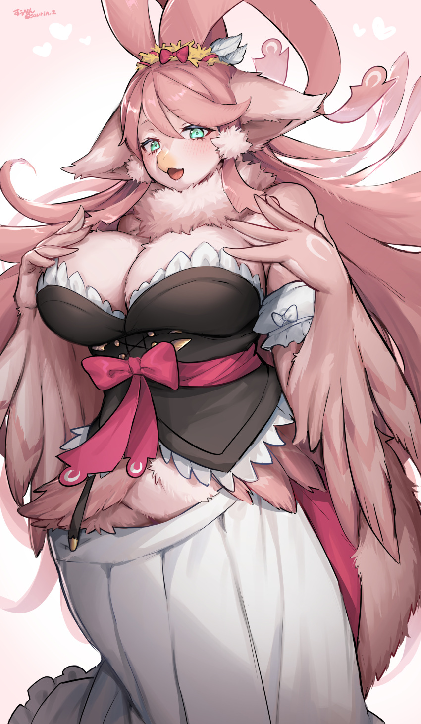 absurdres animal_ears animal_nose aqua_eyes bird_girl body_fur breasts cleavage female furry furry_female gradient_background heart highres large_breasts long_hair looking_at_viewer open_mouth original pink_background pink_fur pink_hair skirt solo suurin_(ksyaro) twitter_username white_skirt wings