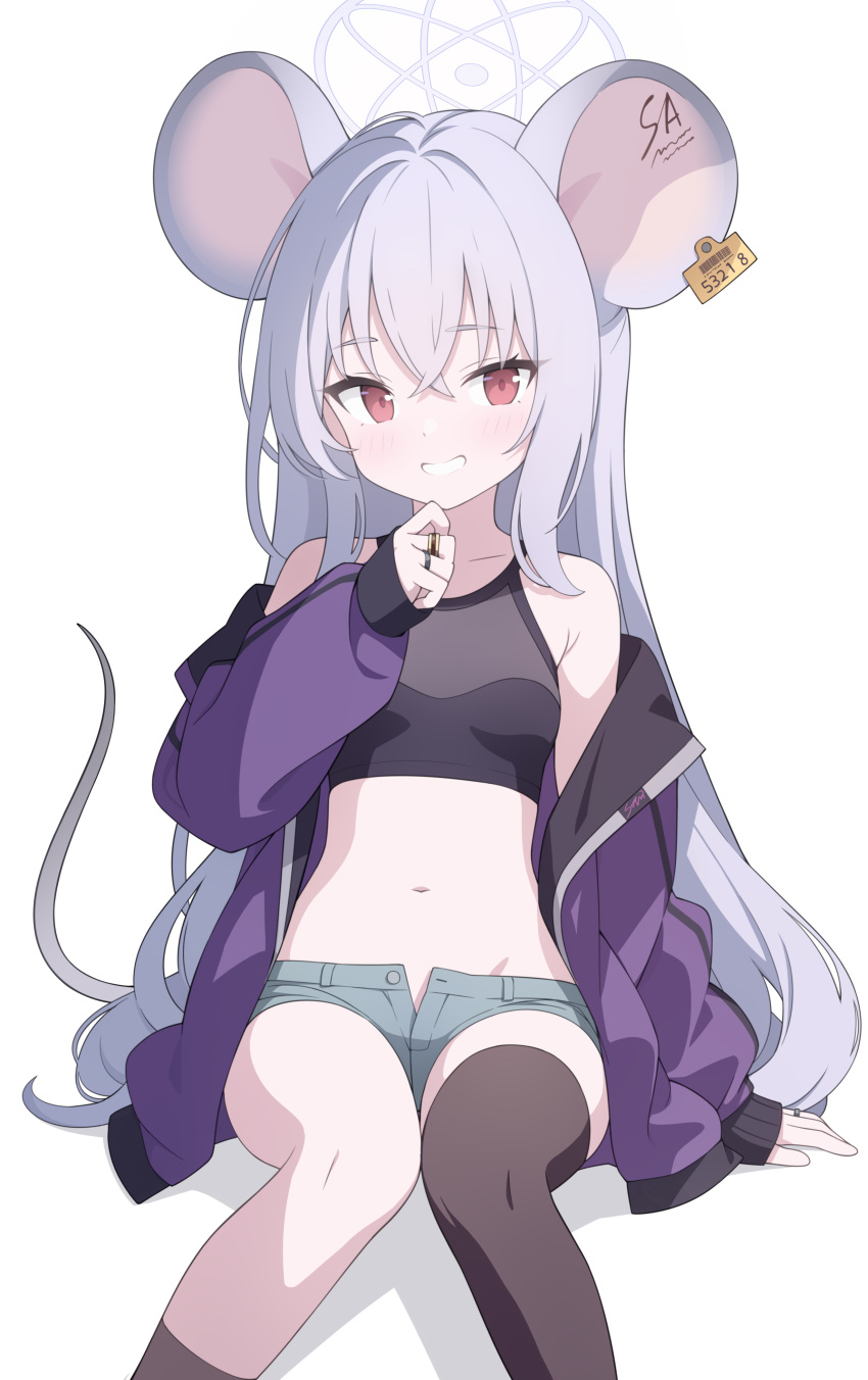 absurdres animal_ears armpit_crease bare_shoulders black_shirt blue_archive breasts brown_socks brown_thighhighs crop_top ear_tag female grey_shorts grin halo highres jacket jewelry jyt long_hair long_sleeves looking_at_viewer micro_shorts midriff mouse_ears mouse_tail multiple_rings navel off_shoulder official_alternate_costume open_clothes open_fly open_jacket purple_jacket red_eyes ring saya_(blue_archive) saya_(casual)_(blue_archive) shirt short_shorts shorts simple_background single_thighhigh sitting sleeveless sleeveless_shirt small_breasts smile socks solo stomach tail tail_raised thighhighs thighs very_long_hair white_background white_hair