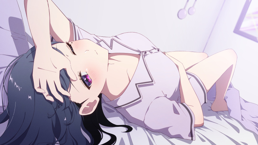 absurdres akashi_(4kc_27) bed black_hair blush breasts collarbone female hand_on_own_head head_back highres koshimizu_toru lifting_covers looking_at_viewer lying medium_breasts medium_hair mole mole_under_eye nijisanji on_back on_bed one_eye_closed pajamas purple_eyes purple_pajamas short_sleeves shorts solo virtual_youtuber waking_up