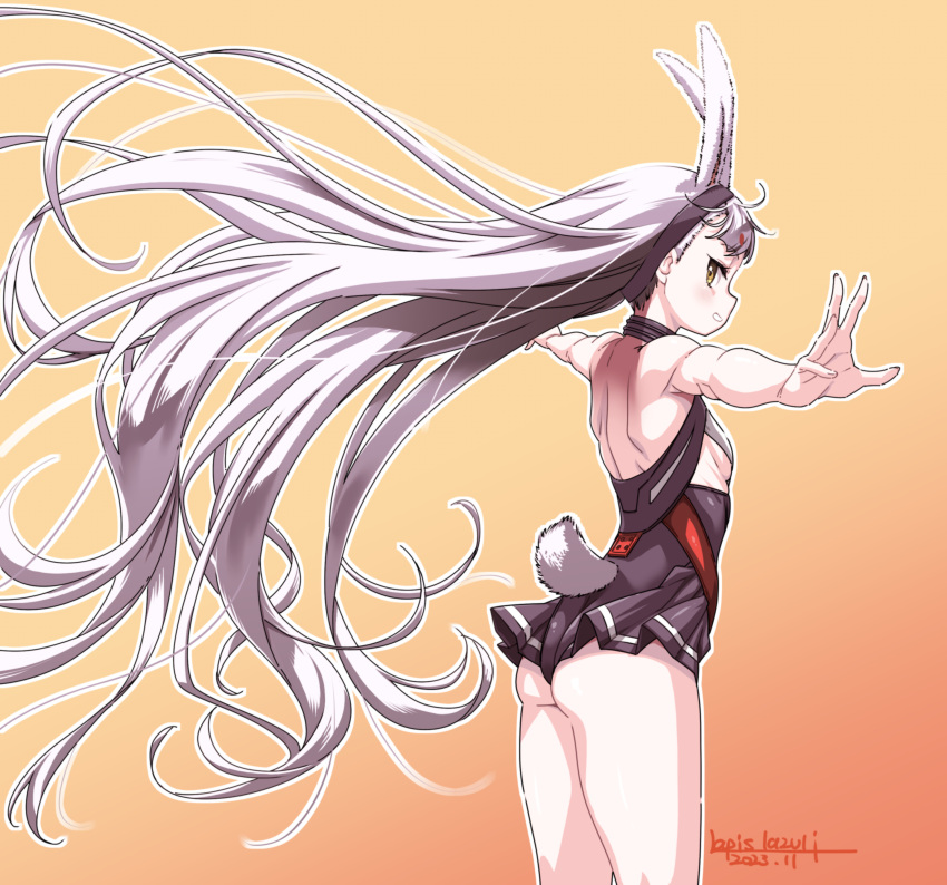 absurdres animal_ears armpits arms_up ass azur_lane backless_outfit bare_back bikini bikini_bottom_only bikini_over_clothes black_skirt breasts female from_behind grin hairband highres long_hair looking_back miniskirt outstretched_arms pleated_skirt rabbit_ears rabbit_girl rabbit_tail red_bikini shimakaze_(azur_lane) sideboob skirt small_breasts smile solo swimsuit tail thighs umyonge_(lkakeu) very_long_hair white_hair wind wind_lift