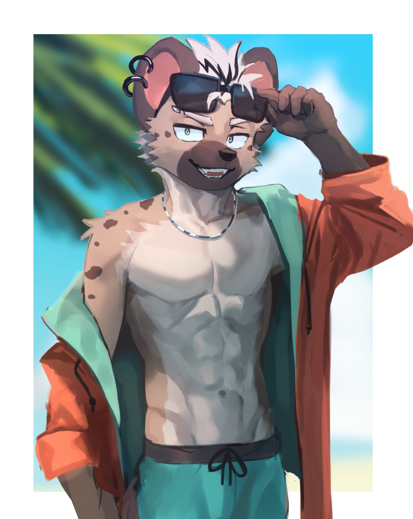 abs absurd_res anthro athletic athletic_male clothed clothing ear_piercing eyewear hi_res hyena male mammal manadezimon open_clothing open_shirt open_topwear pecs piercing shirt solo sunglasses swimming_trunks swimwear topwear