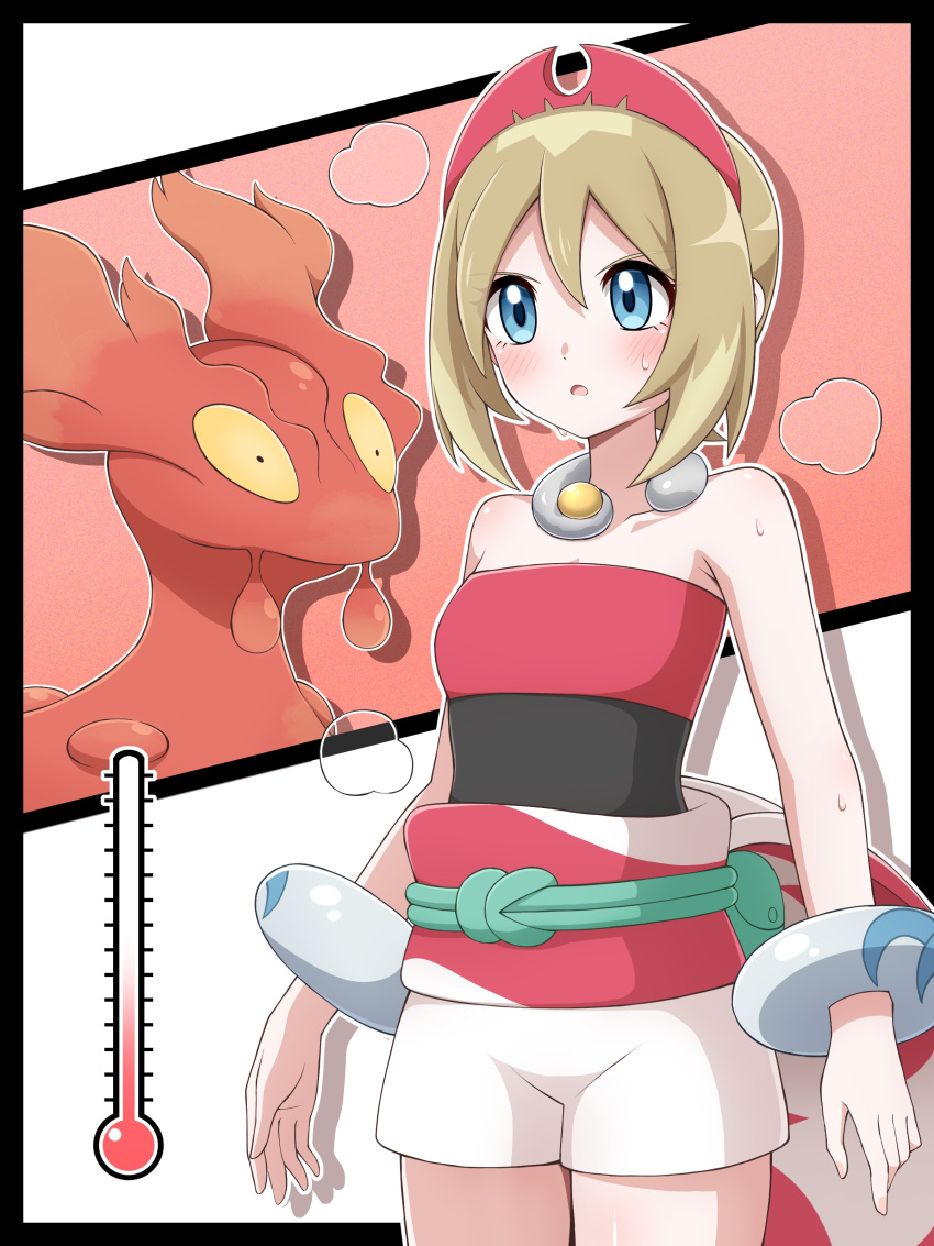 :o absurdres blonde_hair blue_eyes blush bracelet collar commentary_request cowboy_shot female green_bag hairband highres hot irida_(pokemon) jewelry medium_hair outline pink_hairband pokemon pokemon_(creature) pokemon_legends:_arceus sash shabana_may shirt short_shorts shorts slugma steam strapless strapless_shirt sweat temperature waist_cape white_shorts