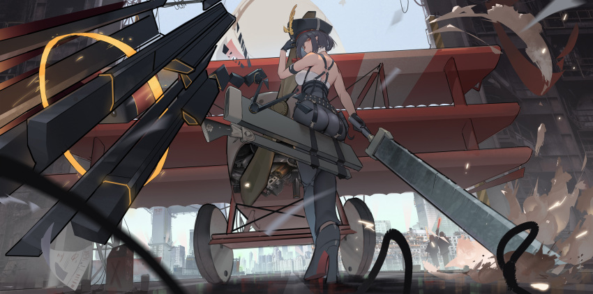 absurdres aircraft airplane antique_firearm armband ash_arms ass bare_arms bare_shoulders black_armband black_gloves black_hair black_headwear breasts chinese_commentary choker city female fokker_dr.i fokker_dr.i_(ash_arms) gloves gun harness hat high_heels highres holding holding_sword holding_weapon huge_weapon leather leather_pants light_particles looking_at_viewer mecha_musume pants personification red_eyes sail_(apha7775) scabbard sheath short_hair sword weapon white_choker