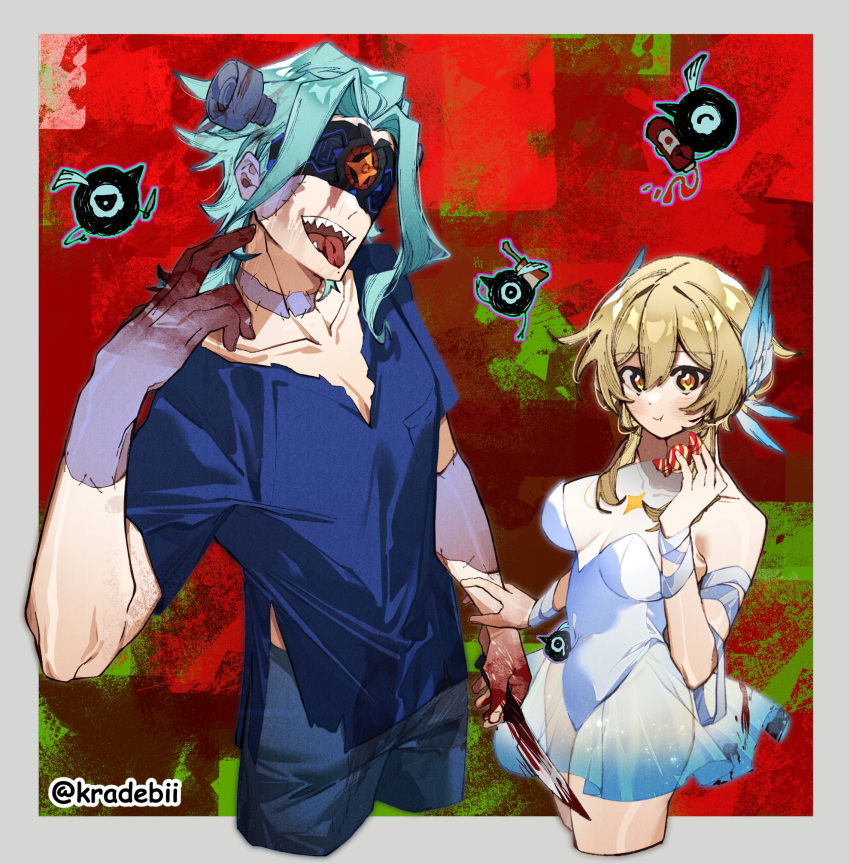 1boy blonde_hair blood blood_on_hands blue_shirt candy dottore_(genshin_impact) dress female food from_above genshin_impact halloween_costume highres knife kradebii lumine_(genshin_impact) open_mouth shirt tongue tongue_out white_dress yellow_eyes