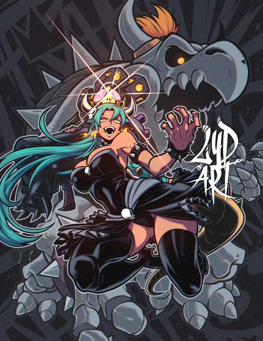 absurdres alternate_hair_color black_collar black_dress black_thighhighs blue_hair bowsette breasts breath_weapon breathing_fire cleavage collar dress dry_bowser female fire highres horns large_breasts long_hair looking_at_viewer lydart_mclo mario_(series) new_super_mario_bros._u_deluxe open_mouth spiked_collar spikes super_crown thighhighs yellow_eyes