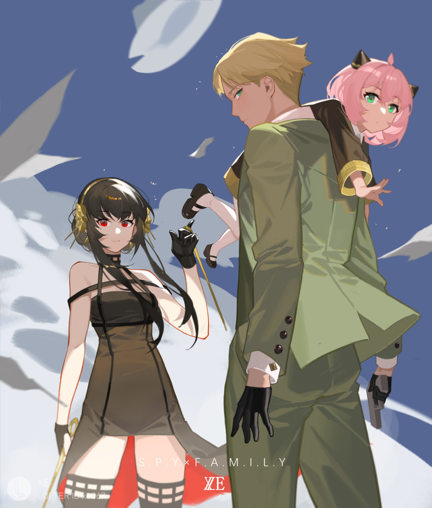 1boy 2girls anya_(spy_x_family) artist_logo bare_shoulders black_dress black_footwear black_gloves black_hair black_thighhighs blonde_hair braid braided_bun carrying carrying_over_shoulder carrying_person chinese_commentary collared_shirt commentary cone_hair_bun copyright_name dagger dress dual_wielding dust_cloud eden_academy_school_uniform floating_hat flower_hairband gloves gold_hairband green_eyes green_jacket gun hair_bun hairband half_gloves handgun hat highres holding holding_gun holding_weapon jacket knife lofter_logo lofter_username mary_janes multiple_girls paper pink_hair red_eyes school_uniform shirt shoes short_hair short_hair_with_long_locks spy_x_family stiletto_(weapon) suit_jacket thighhighs twilight_(spy_x_family) two-sided_dress two-sided_fabric watermark weapon white_headwear xe367 yor_briar zettai_ryouiki