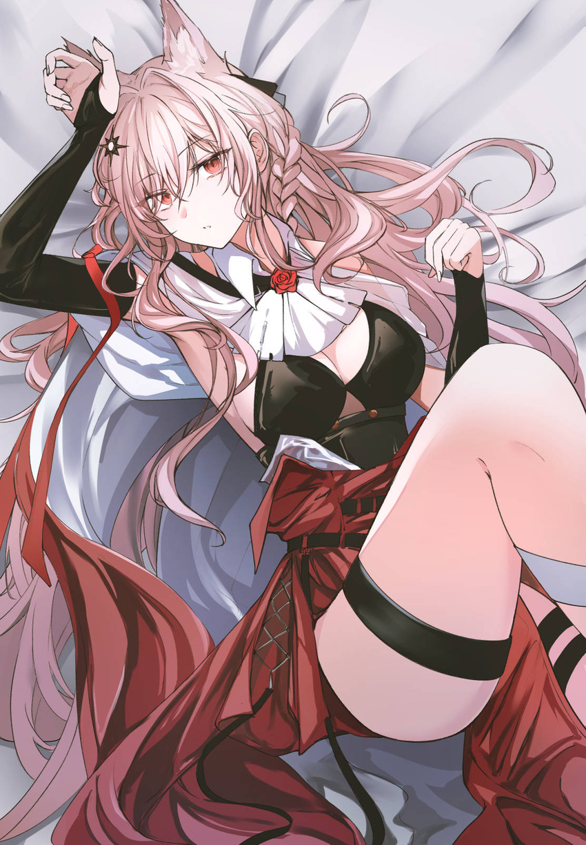 animal_ears arknights black_bra black_gloves bra braid breasts cleavage elbow_gloves female gloves high-waist_skirt highres kiyakyuu long_hair lying medium_breasts on_back parted_lips pink_hair pozyomka_(arknights) red_eyes red_skirt skirt solo thigh_strap underwear very_long_hair wolf_ears wolf_girl