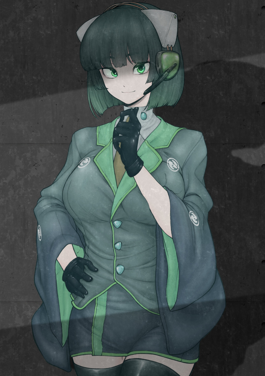 absurdres adapted_costume black_gloves black_thighhighs breasts brown_necktie closed_mouth collared_shirt commentary_request cowboy_shot crack_of_light female gloves green_eyes green_hair green_jacket grey_shirt hand_on_own_hip hand_up headgear headset highres jacket kyoumachi_seika large_breasts long_sleeves looking_at_viewer miazuma_sarin miniskirt necktie pencil_skirt shadow shirt skirt smile solo thighhighs turtleneck voiceroid wall wide_sleeves