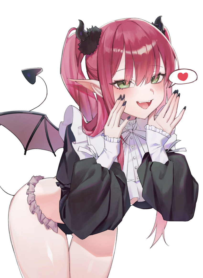 :d absurdres bent_over black_nails breasts commentary_request cosplay demon_girl demon_horns demon_tail demon_wings female green_eyes heart highres horns kitagawa_marin long_hair long_sleeves looking_at_viewer may.l nail_polish open_mouth pointy_ears red_hair rizu-kyun rizu-kyun_(cosplay) shiny_skin smile solo sono_bisque_doll_wa_koi_wo_suru spoken_heart tail teeth tongue twintails underwear upper_teeth_only white_background wings