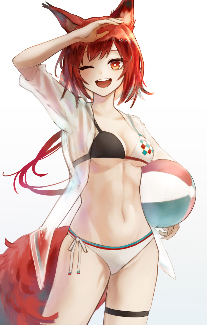 ;d absurdres aiv arknights arm_up ball beachball breasts commentary cowboy_shot female flametail_(arknights) gradient_background grey_background highres holding holding_ball long_hair looking_at_viewer medium_breasts navel one_eye_closed open_clothes open_mouth open_shirt orange_eyes red_hair shirt simple_background smile solo squirrel_tail standing stomach tail thigh_strap thighs very_long_hair white_background white_shirt