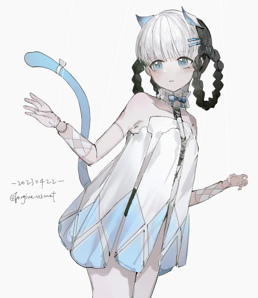 animal_ears argyle bambinata:_vitrum_(punishing:_gray_raven) bambinata_(punishing:_gray_raven) bare_arms bare_legs bare_shoulders black_hair blue_eyes blunt_bangs braid braided_hair_rings cat_ears cat_tail chinese_commentary collar collarbone commentary cowboy_shot dated detached_collar doll_joints dress fake_animal_ears female freckles frilled_collar frills hair_ornament hairclip heart heart-shaped_pupils highres joints lofter_username mechanical_arms mechanical_parts multicolored_hair petite punishing:_gray_raven puppet_strings short_dress simple_background solo symbol-shaped_pupils tail two-tone_hair white_background white_dress white_hair zhehua_zengyue