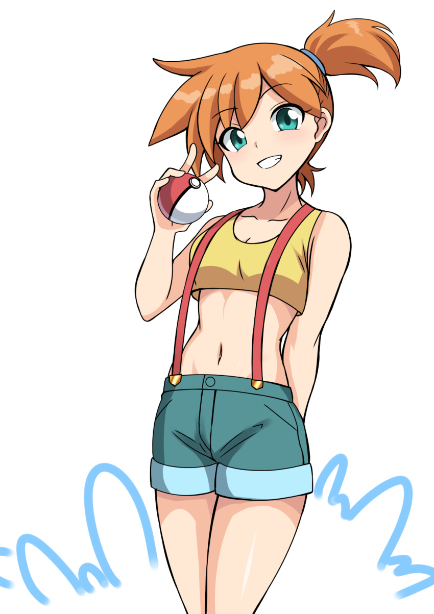 breasts cleavage collarbone commentary_request crop_top female green_eyes green_shorts grin hand_up head_tilt highres holding holding_poke_ball kasumi_(pokemon) midriff navel orange_hair poke_ball poke_ball_(basic) pokemon pokemon_(anime) pokemon_(classic_anime) shiny_skin shirt short_shorts shorts side_ponytail sleeveless sleeveless_shirt smile solo suspenders teeth white_background yellow_shirt zetsuei_(zetto)