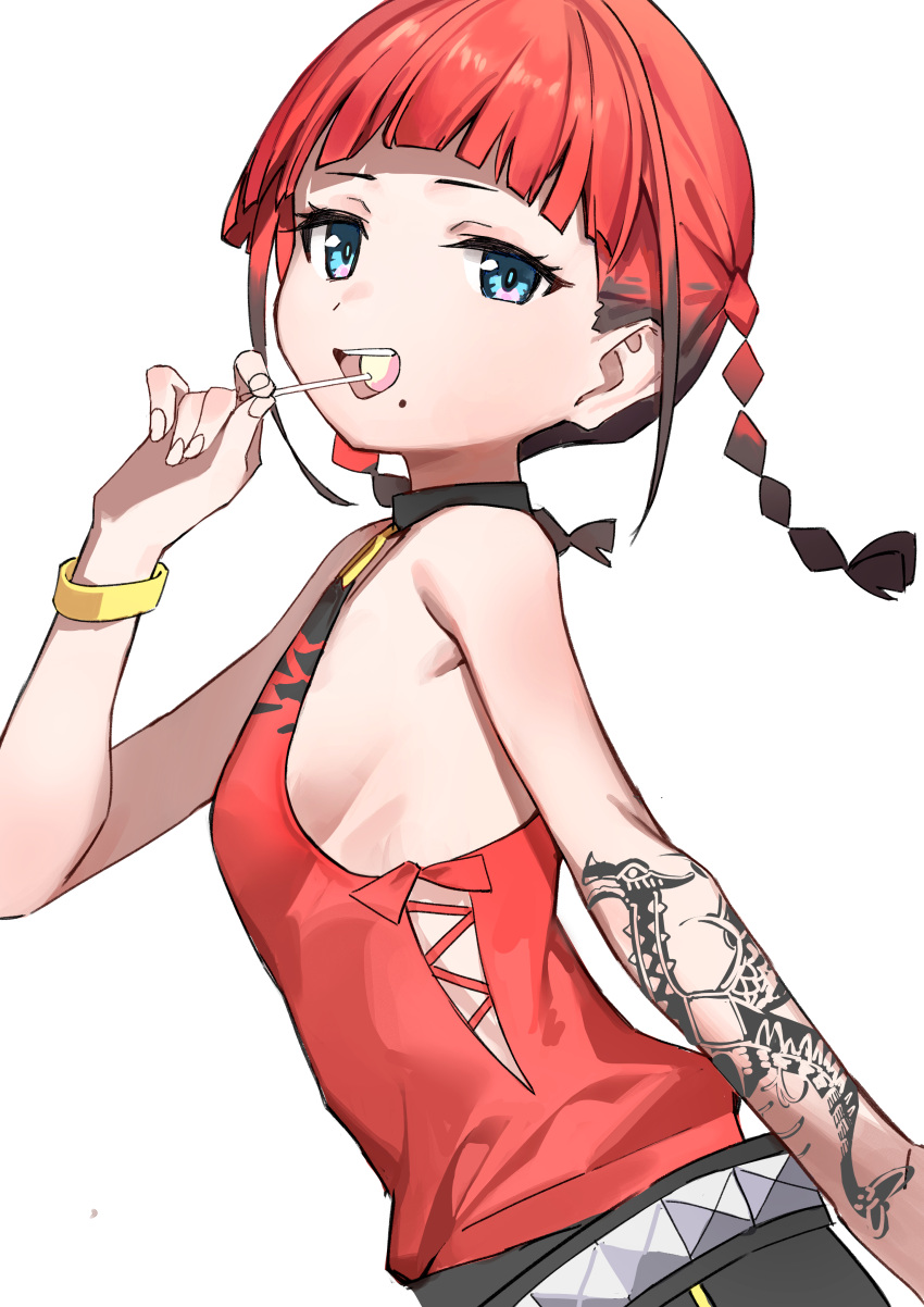 absurdres arm_tattoo asukagawa_chise bare_shoulders blue_eyes blunt_bangs braid breasts candy commentary eating female food from_side gridman_universe haruyuki_(gffewuoutgblubh) highres holding holding_candy holding_food holding_lollipop lollipop looking_at_viewer low-cut_armhole mole mole_under_mouth multicolored_hair open_mouth red_hair red_shirt shirt short_hair sideboob simple_background sleeveless sleeveless_shirt small_breasts solo ssss.dynazenon tattoo twin_braids twintails two-tone_hair upper_body white_background wristband