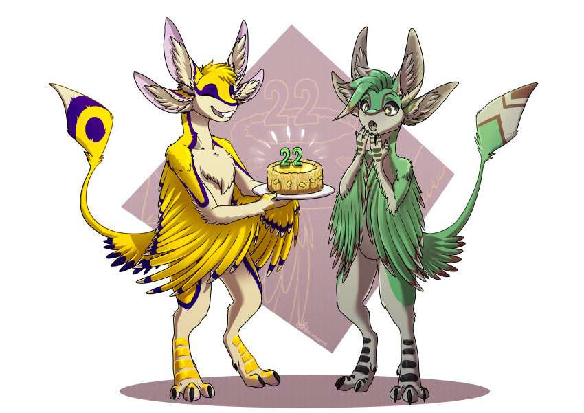 2023 4_ears absurd_res anthro avali cake dessert digital_media_(artwork) duo food fur green_body hair hi_res male multi_ear open_mouth rinkamo simple_background smile tail winged_arms wings yellow_body