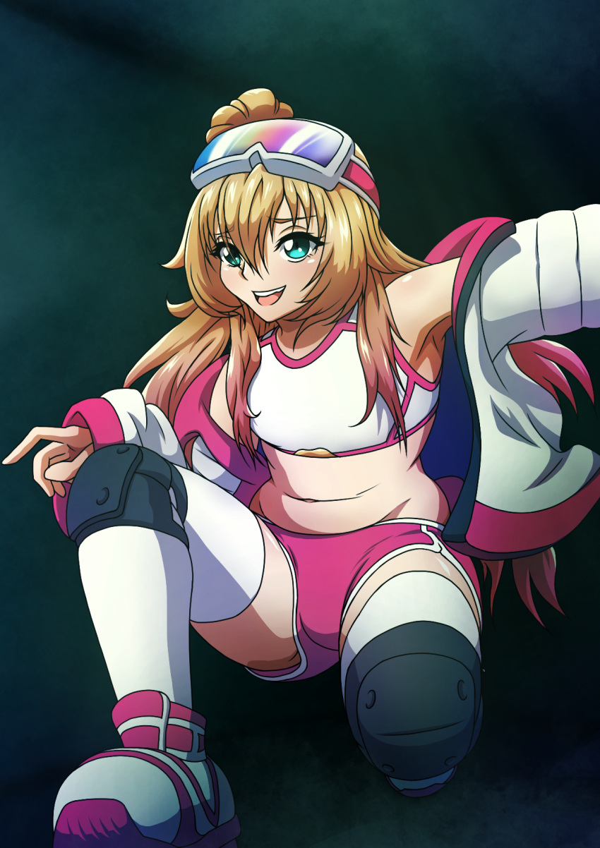 :d anastasia_(brown_dust) aqua_eyes bare_shoulders blonde_hair breasts brown_dust_2 dolphin_shorts fire_graffiti_anastasia gradient_hair hair_between_eyes highres jacket long_hair long_sleeves midriff multicolored_clothes multicolored_hair multicolored_jacket navel off_shoulder official_alternate_costume pink_hair pink_jacket pink_shorts shorts side_ponytail sksource small_breasts smile sports_bra squatting teeth thighhighs upper_teeth_only white_jacket white_sneakers white_sports_bra white_thighhighs