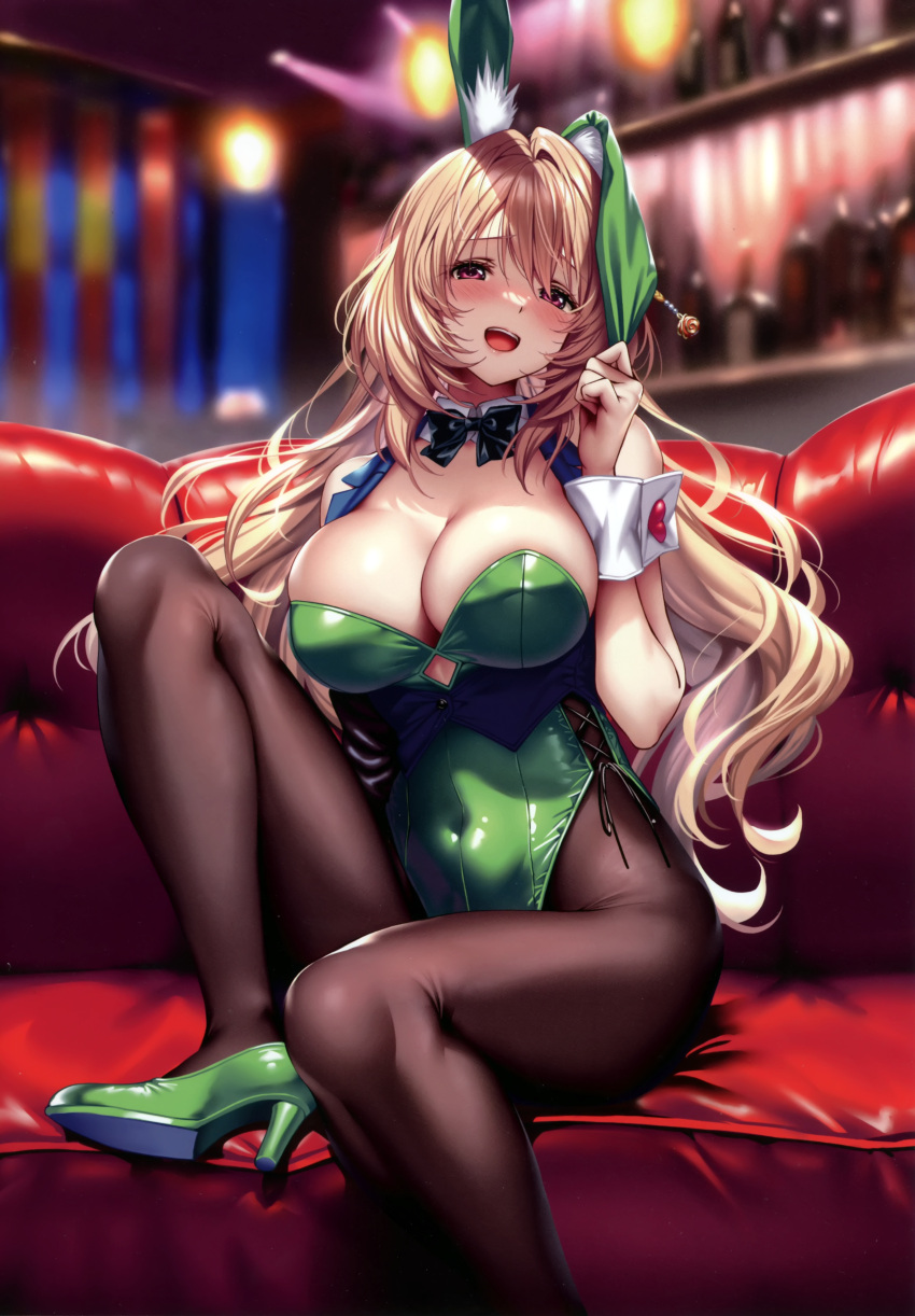 absurdres animal_ears blonde_hair blurry blurry_background breasts buttons cleavage couch covered_navel detached_collar fake_animal_ears female green_leotard hair_ornament hand_up hanikami_kanojo high_heels highres hiiragi_sano knee_up large_breasts leotard long_hair looking_at_viewer open_mouth pantyhose piromizu playboy_bunny pulling_own_clothes rabbit_ears red_eyes scan shiny_clothes sitting skin_tight smile solo strapless strapless_leotard teeth upper_teeth_only wrist_cuffs