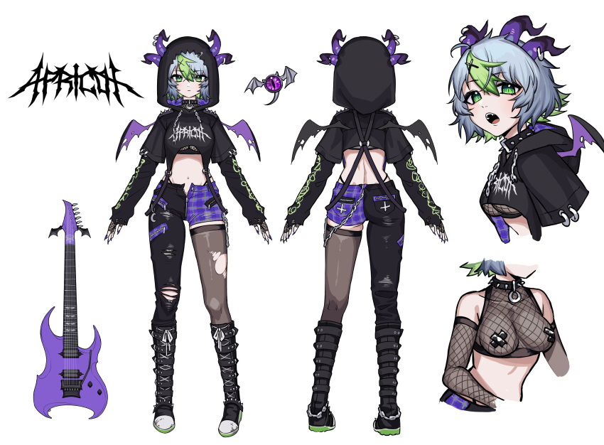 absurdres apricot_the_lich apricot_the_lich_(8th_costume) black_collar black_footwear black_hoodie black_pants black_thighhighs boots breasts bsapricot collar cropped_hoodie cross_pasties demon_girl demon_horns demon_wings electric_guitar female fishnet_gloves fishnet_top fishnets gloves guitar hair_ornament highleg highleg_panties highres hood hood_up hoodie horn_piercing horns instrument looking_at_viewer medium_breasts medium_hair multiple_views nail_polish navel official_art open_fly open_mouth panties pants pasties purple_nails purple_shorts shorts single_thighhigh spiked_collar spikes thighhighs torn_clothes torn_pants torn_thighhighs underwear virtual_youtuber vshojo wings x_hair_ornament