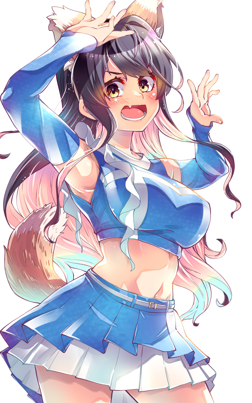 alternate_costume animal_ears armpits arms_up belt black_hair blue_skirt blue_sleeves breasts cheerleader colored_inner_hair cowboy_shot crop_top detached_sleeves fake_animal_ears fake_tail female fox_ears fox_tail hairband highres hokkaido_nippon-ham_fighters imu_sanjo kantai_collection kitsune_dance large_breasts layered_skirt long_hair looking_at_viewer midriff multicolored_hair naganami_(kancolle) naganami_kai_ni_(kancolle) navel nippon_professional_baseball oerba_yun_fang open_mouth pink_hair pleated_skirt skin_fang skirt solo standing tail two-tone_hair very_long_hair wavy_hair white_belt white_hairband white_skirt yellow_eyes