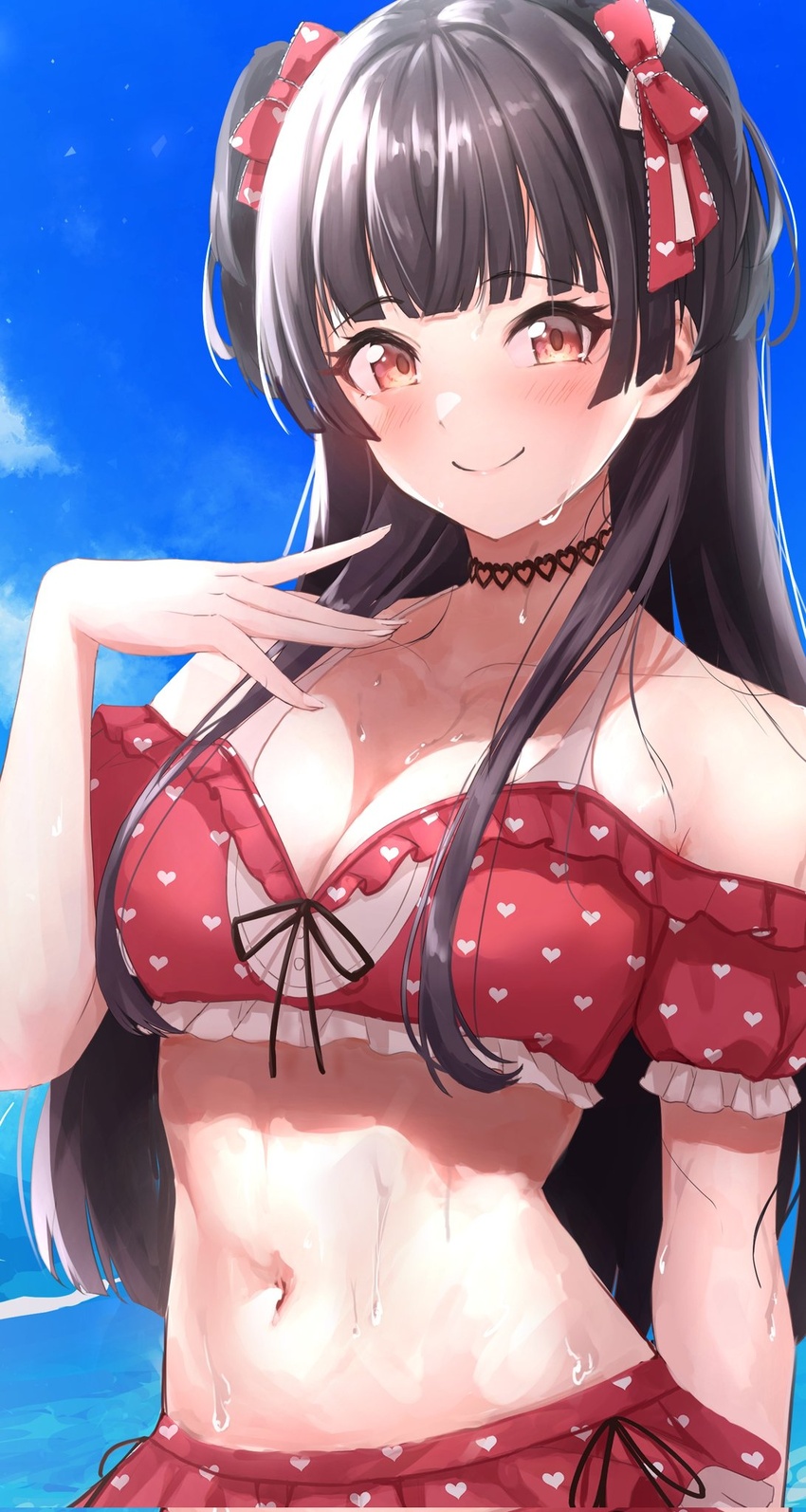 bikini bikini_skirt black_hair blue_sky blush breasts choker cleavage cloud collarbone cowboy_shot female fingernails heart heart_choker heart_print highres idolmaster idolmaster_shiny_colors long_fingernails long_hair looking_at_viewer mayuzumi_fuyuko medium_breasts print_ribbon red_bikini red_ribbon ribbon sky smile solo swimsuit tonguewasabi water wet