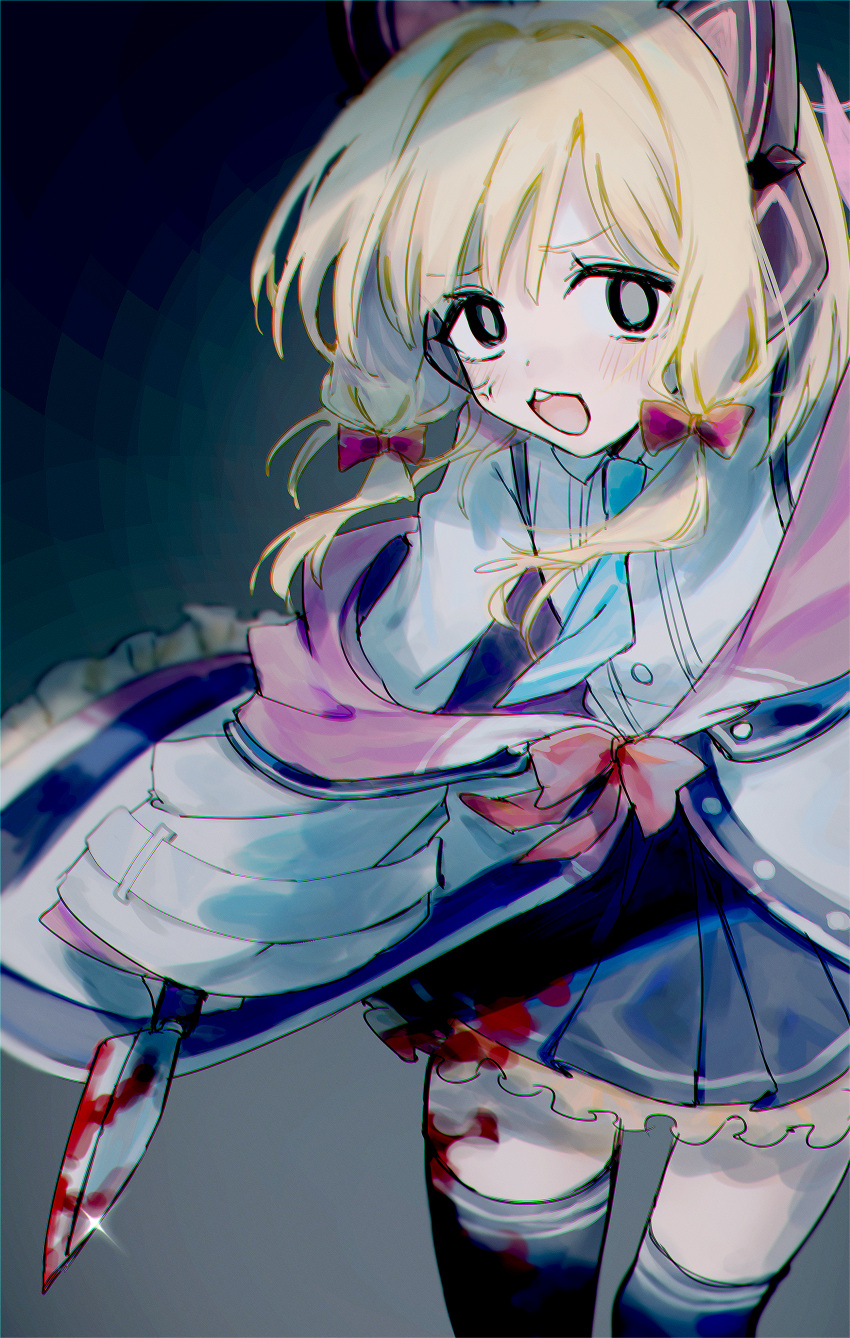 absurdres anger_vein animal_ear_headphones animal_ears bad_anatomy black_skirt black_thighhighs blonde_hair blood blood_on_clothes blood_on_knife blue_archive blue_necktie bow collared_shirt dantyou2525 death_momoi_(meme) fake_animal_ears female hairbow headphones highres holding holding_knife jacket knife meme momoi_(blue_archive) necktie open_mouth pleated_skirt red_bow shirt short_hair skirt sleeves_past_fingers sleeves_past_wrists solo thighhighs two-sided_fabric two-sided_jacket white_jacket white_shirt wide_sleeves