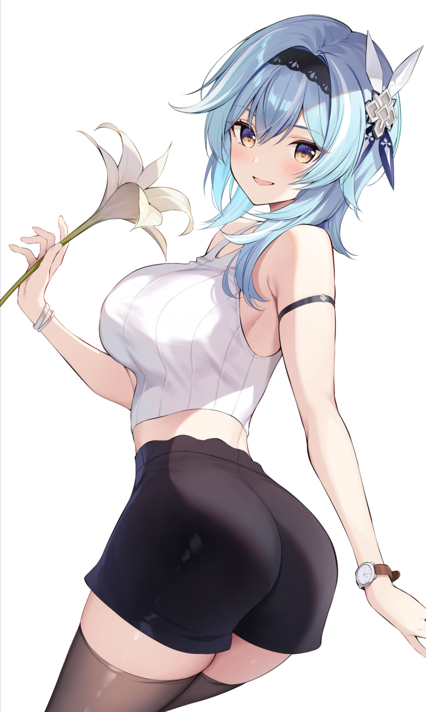 black_hairband black_shorts black_thighhighs blue_hair breasts cowboy_shot crop_top cropped_shirt eula_(genshin_impact) female flower from_side genshin_impact hairband highres holding holding_flower looking_at_viewer looking_to_the_side midriff open_mouth oryo_(oryo04) shirt shoes shorts simple_background sleeveless sleeveless_shirt smile solo thighhighs watch white_background white_shirt wristwatch yellow_eyes zettai_ryouiki