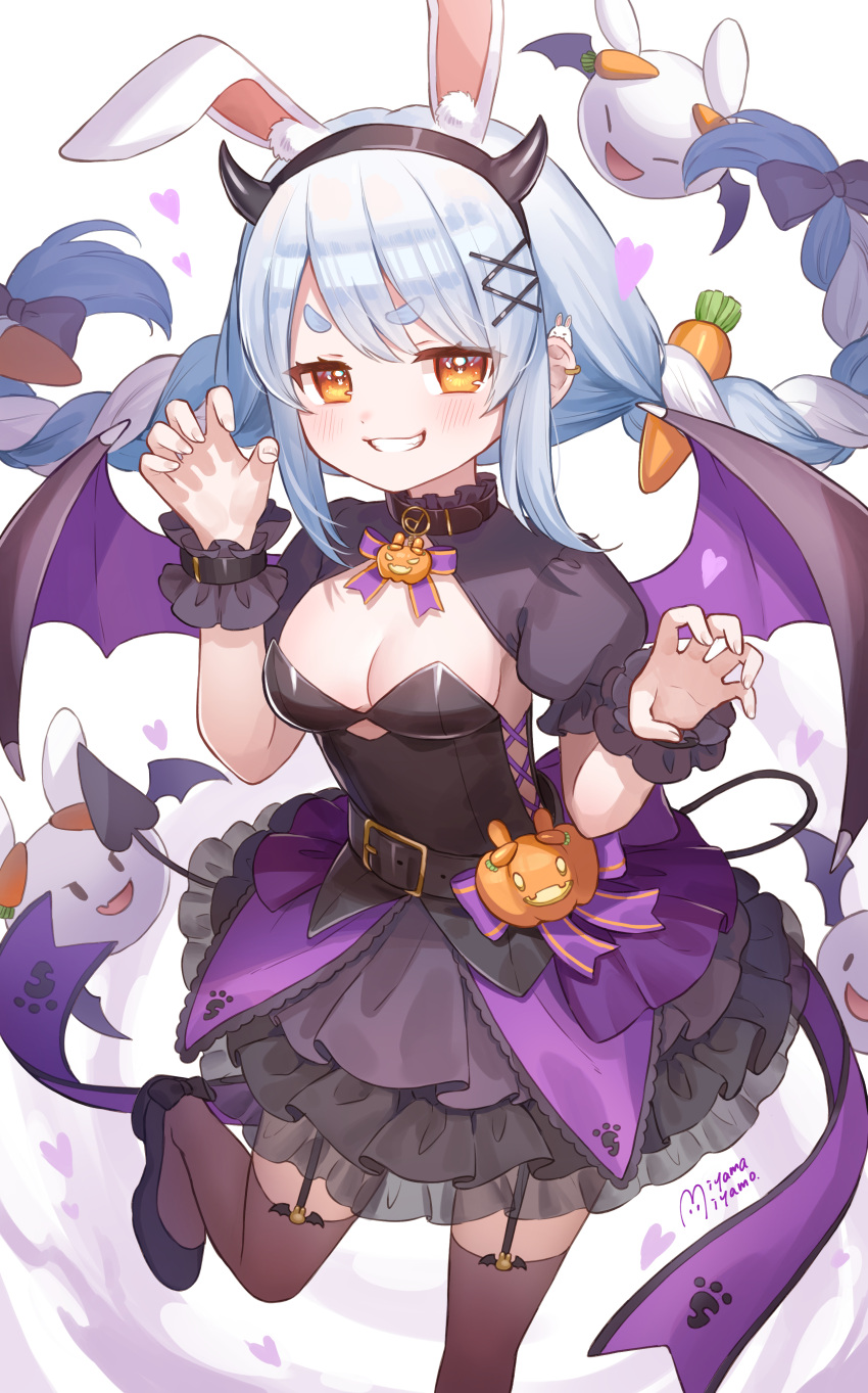 absurdres alternate_costume animal_ears bat_wings belt black_footwear braid breasts bridal_garter carrot_hair_ornament claw_pose cleavage collar female food-themed_hair_ornament frilled_skirt frills hair_ornament highres hololive long_hair looking_at_viewer medium_breasts miyamo_(fumifumi_no_ura) multicolored_hair pekomon_(usada_pekora) rabbit-shaped_pupils rabbit_ears ribbon short_eyebrows skirt symbol-shaped_pupils thighhighs twin_braids two-tone_hair usada_pekora virtual_youtuber wings x_hair_ornament