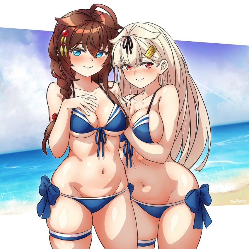 2girls ahoge arthur_ko bare_arms bare_legs bare_shoulders bikini black_ribbon blonde_hair blue_bikini blue_eyes blush braid breasts brown_hair closed_mouth collarbone cosplay cowboy_shot front-tie_bikini_top front-tie_top groin hair_between_eyes hair_flaps hair_ornament hair_ribbon hairclip highres kantai_collection long_hair looking_at_viewer medium_breasts multiple_girls navel ocean red_eyes ribbon shigure_(kancolle) shigure_kai_san_(kancolle) shigure_kai_san_(kancolle)_(cosplay) shigure_kai_san_(swimsuit)_(kancolle) single_braid smile swimsuit thigh_strap yuudachi_(kancolle) yuudachi_kai_ni_(kancolle)