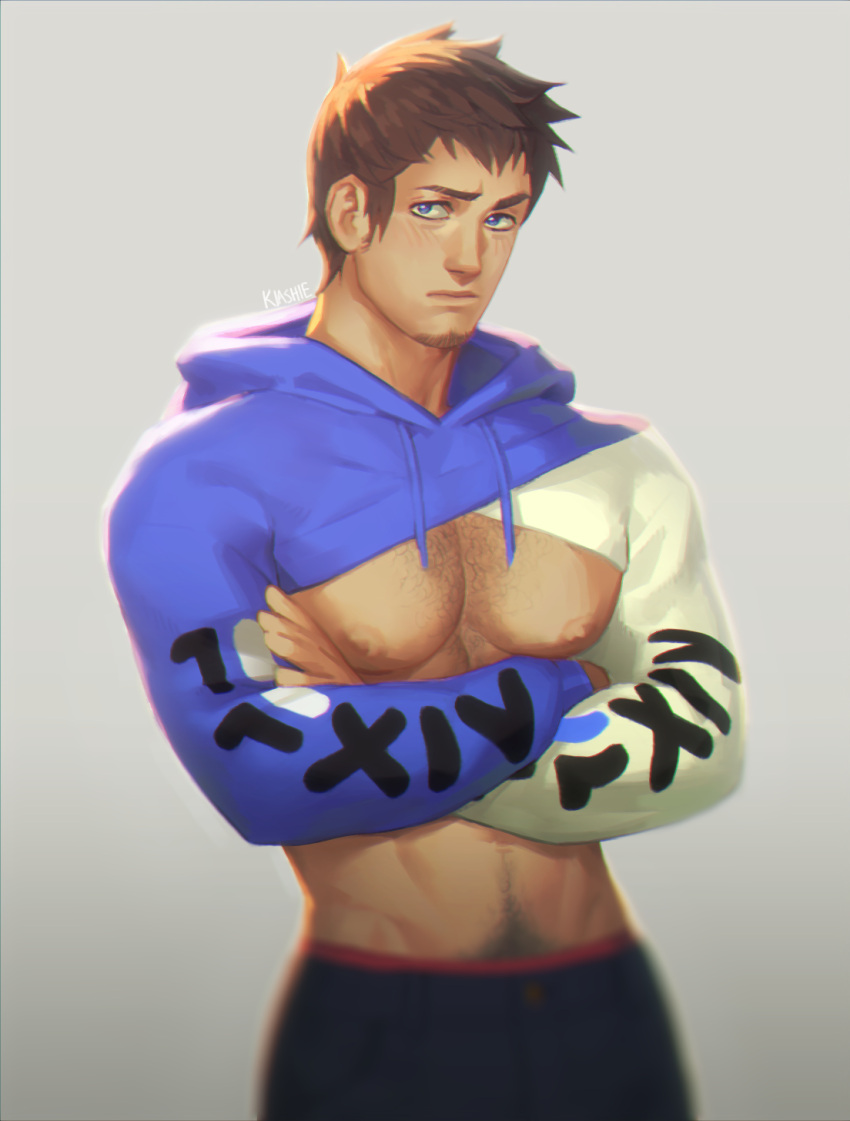 1boy ardbert_hylfyst artist_name bara black_pants blue_eyes brown_hair chest_hair closed_mouth cropped_hoodie crossed_arms edie_crop_hoodie facial_hair final_fantasy final_fantasy_xiv highres hood hood_down hoodie kia_shie large_pectorals male_focus meme_attire multicolored_clothes multicolored_hoodie muscular muscular_male navel_hair nipples pants pectorals purple_hoodie short_hair solo white_hoodie