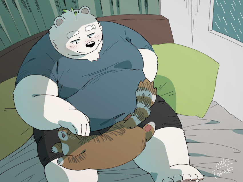 2023 anthro bear bed belly big_belly blush bottomwear clothing domestic_cat duo felid feline felis feral furniture hi_res inside kemono male mammal overweight overweight_male pillow shirt shorts sitting topwear uokkom white_body