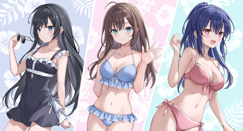 3girls :d aqua_eyes arm_behind_back bare_shoulders bikini black_dress black_hair blue_bikini blue_eyes blue_hair breasts brown_hair chikatetsu_de_bishoujo_o_mamotta_ore_nanorazu_sattara_zenkoku_de_eiyuu_atsukai_saremashita. cleavage collarbone covered_navel dress front-tie_bikini_top front-tie_top hair_ornament higeneko holding holding_removed_eyewear leg_grab medium_breasts midriff multiple_girls navel open_mouth pink_bikini pink_eyes polka_dot polka_dot_bikini ponytail sidelocks sleeveless sleeveless_dress smile stomach stomach_day sunglasses swimsuit thigh_gap unworn_eyewear waving x_hair_ornament