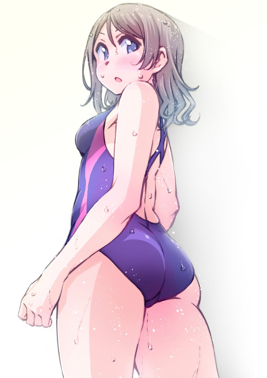 ass ayumu-k blue_eyes blush breasts brown_hair commentary_request competition_swimsuit female highres looking_at_viewer love_live! love_live!_sunshine!! one-piece_swimsuit short_hair simple_background smile solo swimsuit thighs watanabe_you wavy_hair