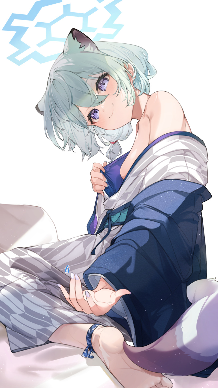 absurdres animal_ears bare_shoulders bath_yukata bed_sheet blue_archive blue_halo breasts closed_mouth commentary double-parted_bangs female fingernails from_side grey_hair grey_kimono hair_between_eyes halo haori head_tilt highres japanese_clothes kimono looking_at_viewer medium_breasts mimizuku_(mmiganaru) off_shoulder official_alternate_costume official_alternate_hairstyle on_bed purple_eyes reaching reaching_towards_viewer shigure_(blue_archive) shigure_(hot_spring)_(blue_archive) short_hair short_ponytail simple_background sitting smile solo tail wariza weasel_ears weasel_girl weasel_tail white_background white_nails wide_sleeves yukata