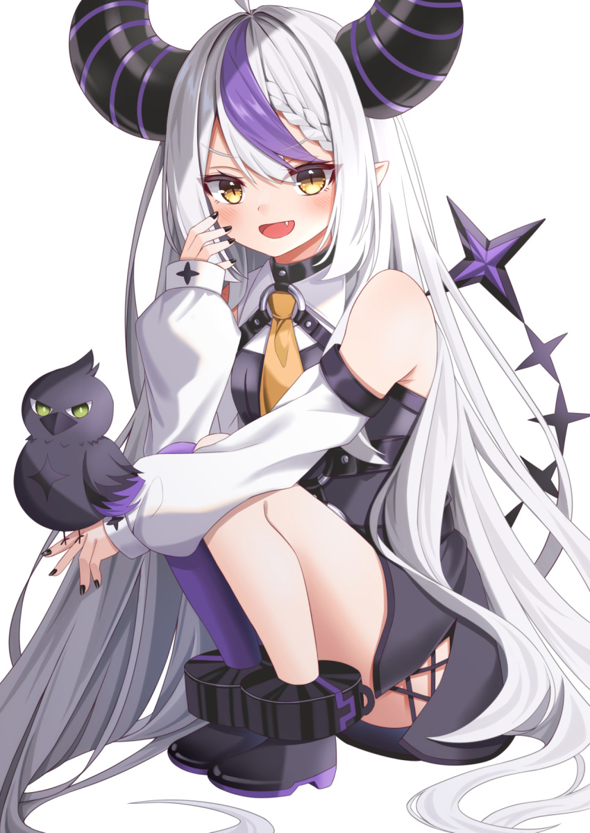 ankle_cuffs ascot black_horns black_nails braid braided_bangs breasts crow_(la+_darknesss) divergenceok female highres hololive horns la+_darknesss la+_darknesss_(1st_costume) long_hair looking_at_viewer multicolored_hair nail_polish oerba_yun_fang pointy_ears purple_hair single_braid sleeves_past_fingers sleeves_past_wrists small_breasts streaked_hair striped_horns very_long_hair virtual_youtuber yellow_ascot